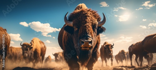 Bison or buffalo herd at field. Generative AI technology. photo
