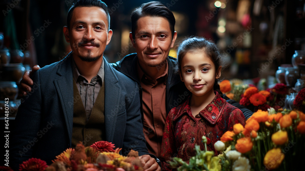 Mexican family in a market, full of cempasuchil flowers. Two Caucasian men, along with a small girl, with their hair braided, near a flower of the dead stall, in a market. Mexican family in a market, full of cempasuchil flowers. Two Caucasian men, along with a small girl, with their hair braided, near a flower of the dead stall, in a market.