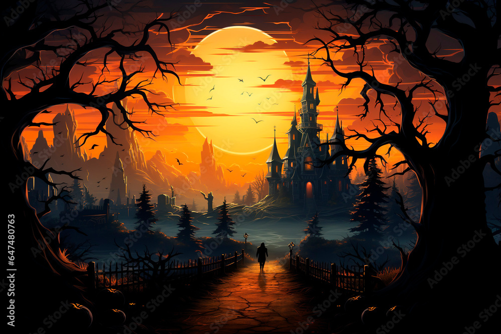 Silhouette of a person walking towards a haunted castle, in the middle of the night, with the full moon, orange color, in an enchanted forest, with leafless tree branches, near a cemetery, on Hallowee
