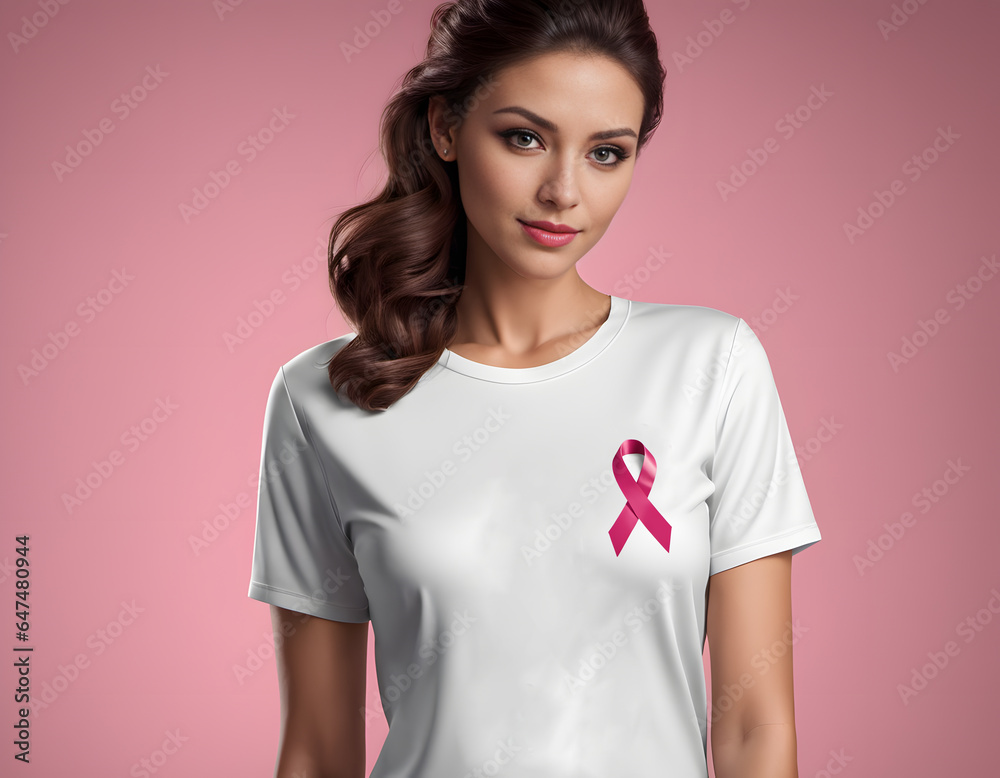 Woman with pink ribbon on her chest, supporting symbol of breast cancer awareness campaign. AI generative. Woman with pink ribbon on her chest, supporting symbol of breast cancer awareness campaign. AI generative.