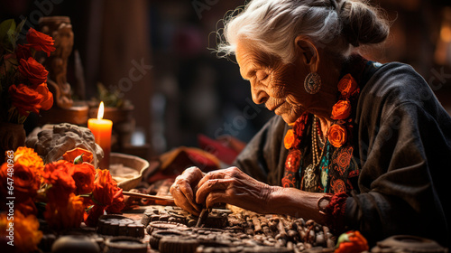 Latin elderly woman, with white hair full of gray, wearing typical clothing of the region, arranging an altar of the dead, inside her house, full of cempasuchil flowers and candles, generative AI