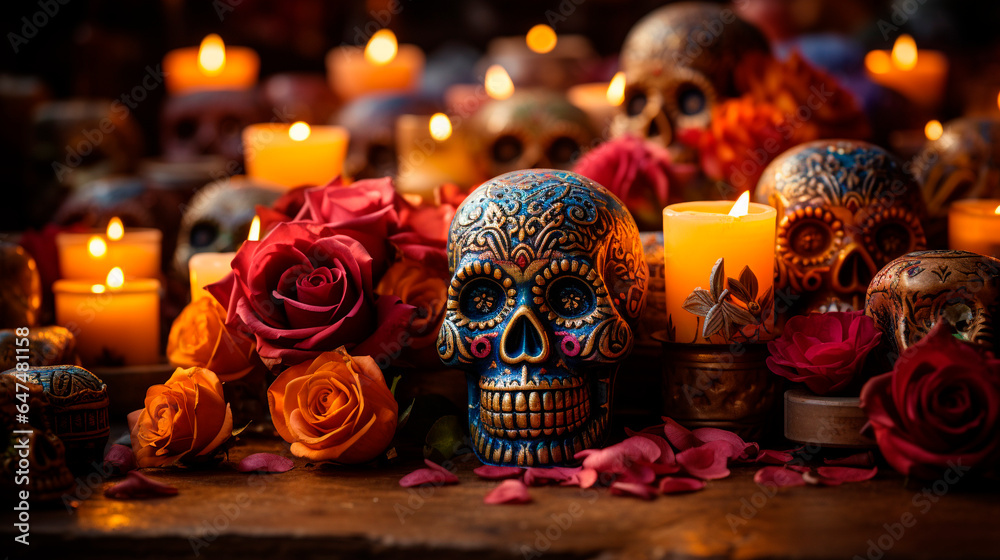 Close up of a beautiful altar of the dead, with colored skulls and warm candle lights, creating a cozy space to remember our deceased, this November 2