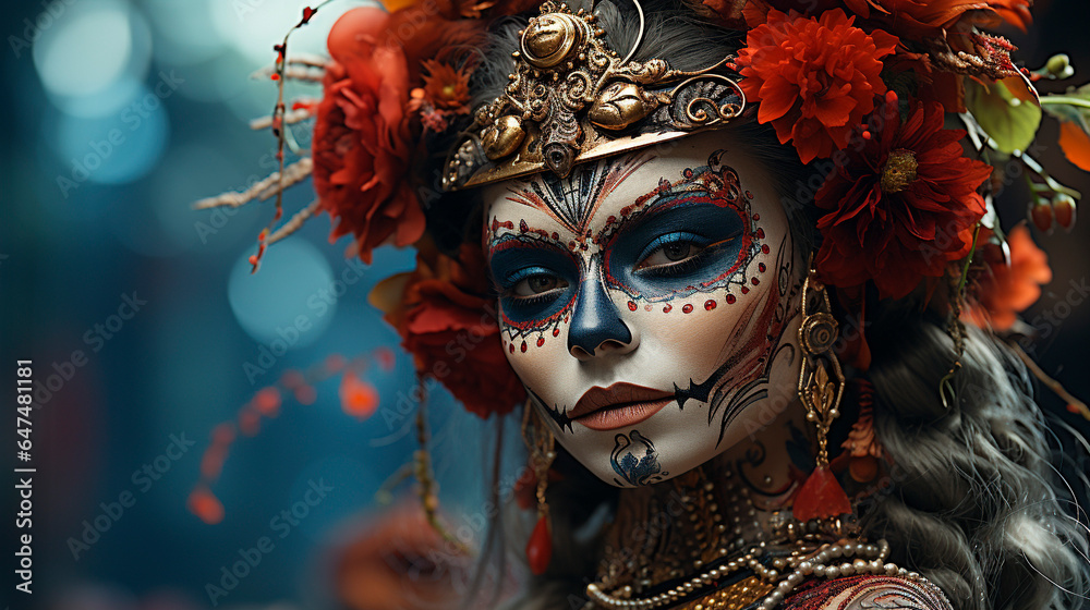 Young woman with braided hair, with catrina makeup and cempasuchil flowers on her head, representing the day of the dead, which is a typical Mexican celebration, celebrated on November 2, generative A