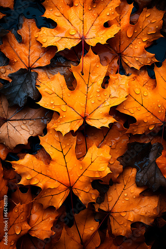 Vertical image of dry tree leaves, orange, in autumn, on the ground, generative