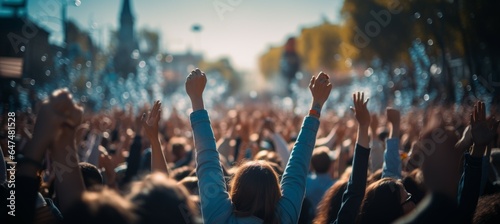 Crowd people raised their hands at street protest. Generative AI technology.
