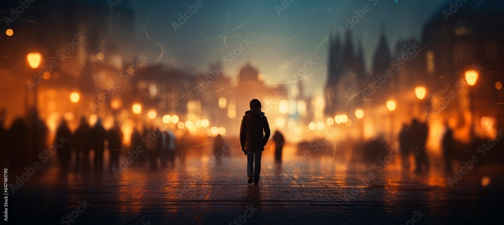 Fototapeta premium Young person walking at winter city sqaue. Generative AI technology.