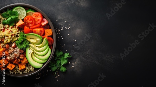 Red quinoa bowl with avocado  radishes  scallions  cherry tomatoes  chives and fresh basil. Top view. Copy space.