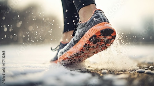 Athlete Runner Running Shoes in Cold Snowy Training Session during Winter