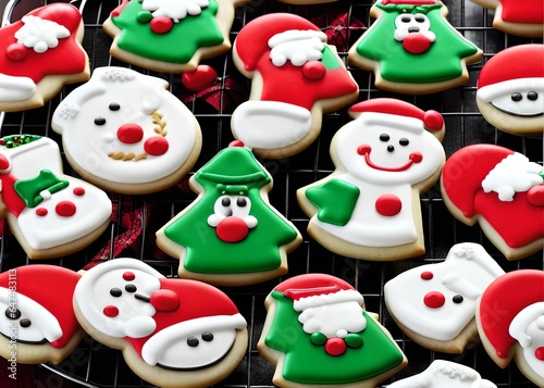 Tasty homemade Christmas cookies on  table, top view