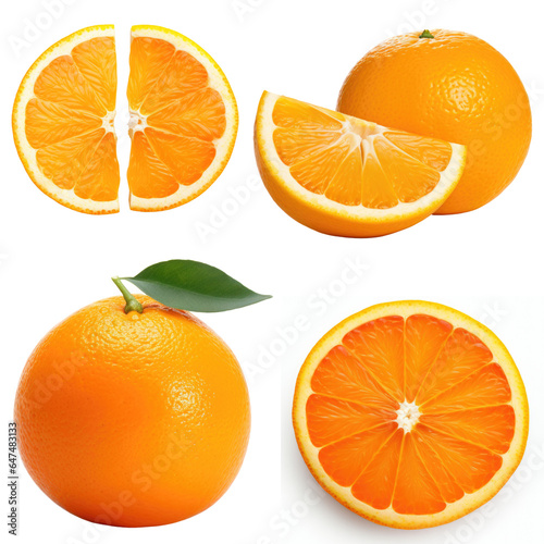 Set of whole orange and slide orange isolated on white background