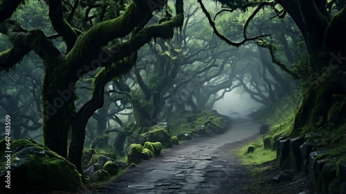 Misty forest path winding through ancient trees