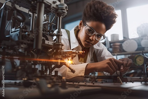 Black female engineer inspecting industrial machine in lab. Photo generative AI