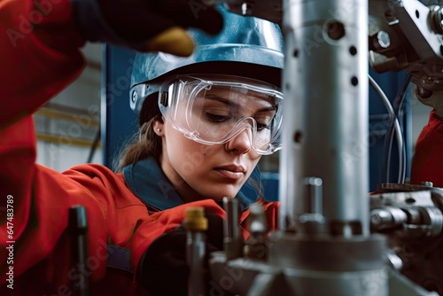 Female apprentice operating yoke machine in factory wearing protective glasses. Photo generative AI photo