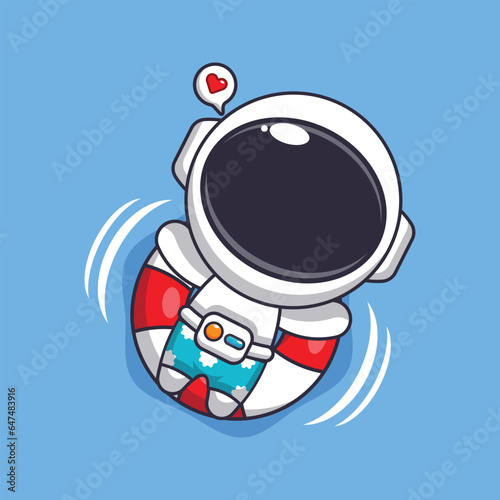 Cute astronaut in sunglasses float with buoy. 