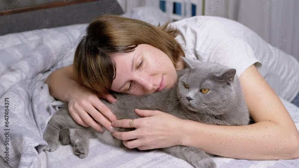 Girl Hugging a Gray Fluffy British Cat While Lying on a Soft Bed in the Room. Happy woman is resting next to beloved pet, stroking and scratching it. Love, care, affection, and friendship with pets. Girl Hugging a Gray Fluffy British Cat While Lying on a Soft Bed in the Room. Happy woman is resting next to beloved pet, stroking and scratching it. Love, care, affection, and friendship with pets.