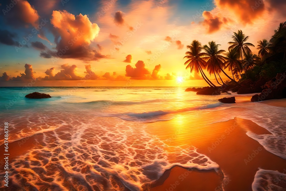 Tropical Paradise Aglow: Stunning Sunset on the Beach