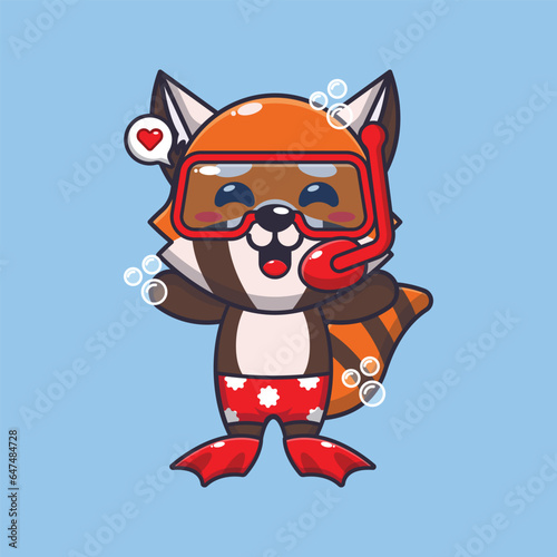 Cute red panda diving cartoon mascot character illustration.  © Artprodite