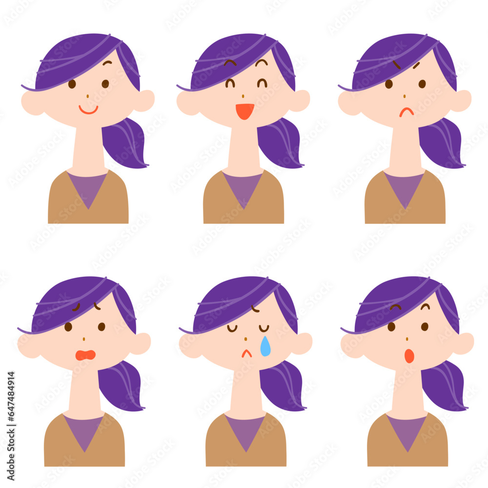 髪の毛を縛った女性の表情6種類 上半身
髪の毛を縛った女性の表情6種類 上半身