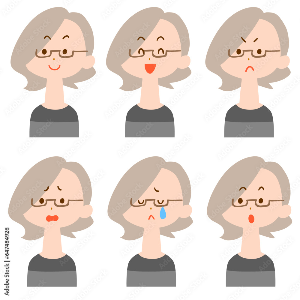 メガネをかけた女性の表情6種類　上半身
