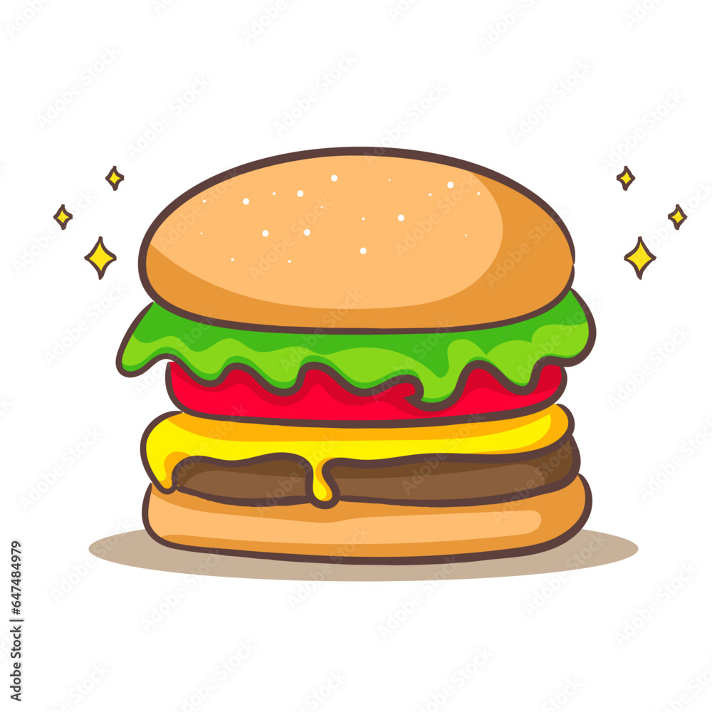 Hamburger or cheeseburger cartoon flat style. Fast food meal concept design. Isolated white background. Vector art illustration. Hamburger or cheeseburger cartoon flat style. Fast food meal concept design. Isolated white background. Vector art illustration.