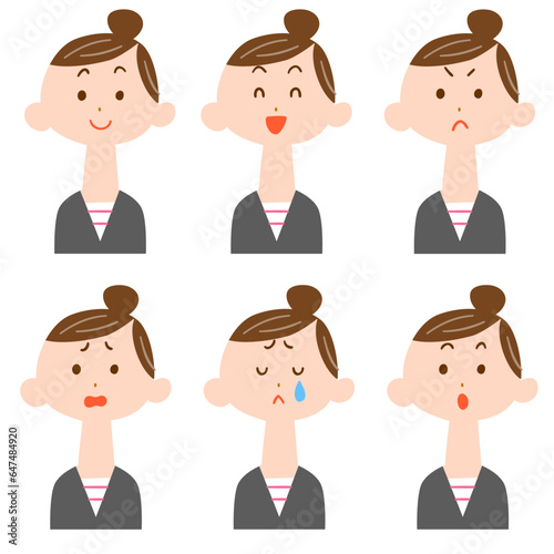まとめ髪の女性の表情6種類　上半身
