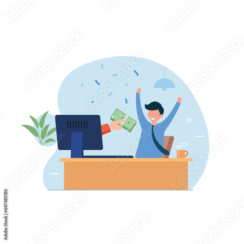 Freelancer make money and high paying job with computer and internet. The hand from the monitor giving money to a happy man vector illustration