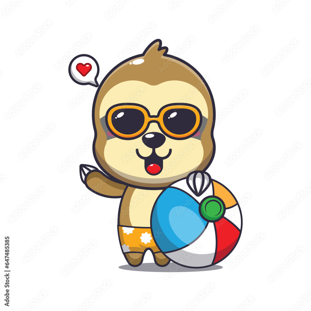 Cute sloth in sunglasses with beach ball cartoon illustration. 