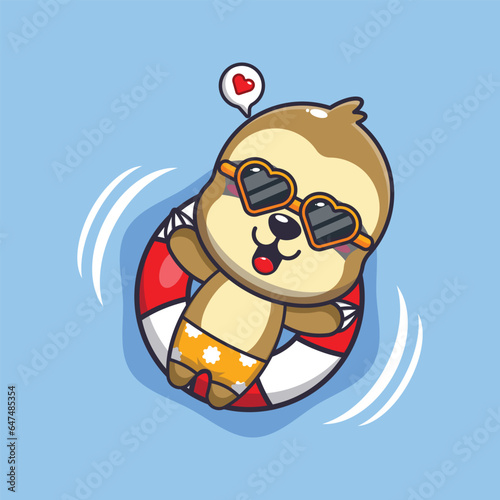 Cute sloth in sunglasses float with buoy.  photo