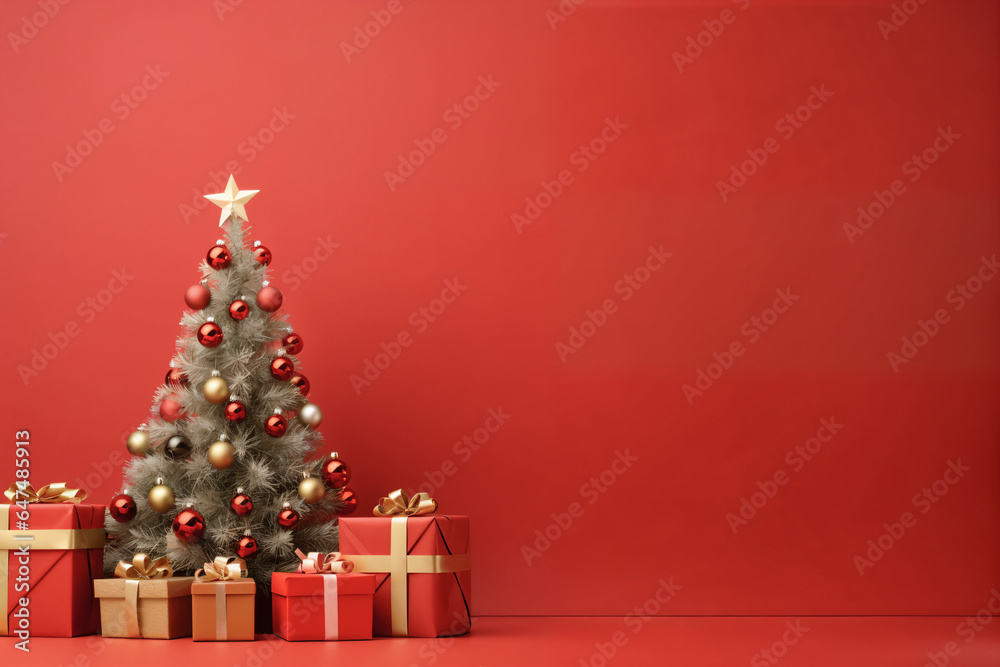Christmas and New Year background, Christmas tree and gift box, red background,copy space