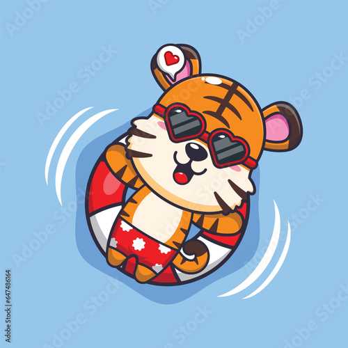 Cute tiger in sunglasses float with buoy. 