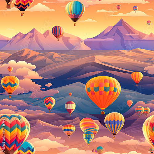 colorful hot air balloons soaring over a vast desert landscape during sunset, seamless pattern texture