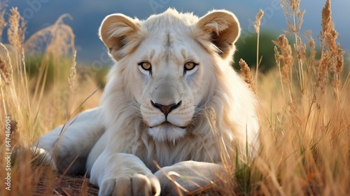 Regal white lion resting amidst a field of grass 