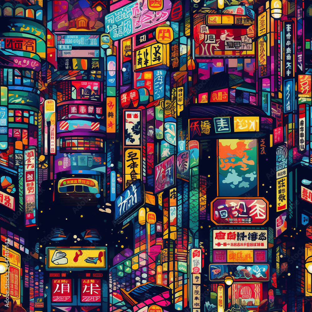 Fototapeta premium seamless pattern bustling Tokyo street at night, neon signs illuminating the scene, a mix of traditional Japanese architecture and modern skyscraper