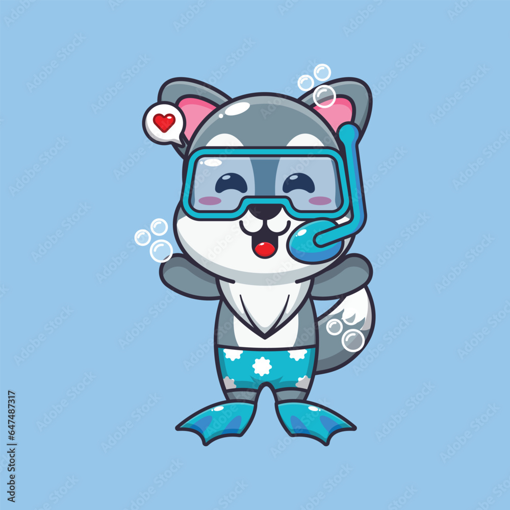 Cute wolf diving cartoon mascot character illustration. 