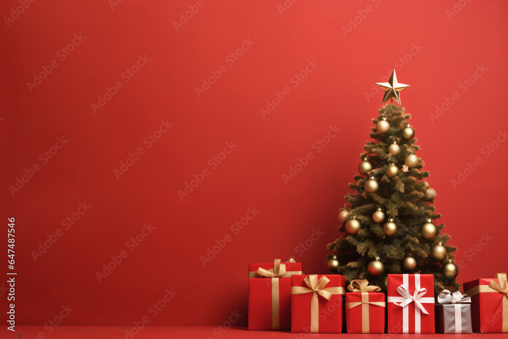 Christmas and New Year background, Christmas tree and gift box, red background,copy space Christmas and New Year background, Christmas tree and gift box, red background,copy space