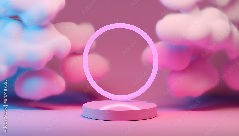 Obraz premium Feature an elegant 3D product presentation stage with a radiant pink neon ring, pastel sky with clouds, element, frame, art