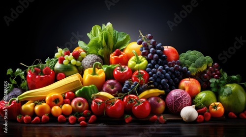 Studio shot of various fruits and vegetables isolated on black background. Top view. High resolution products