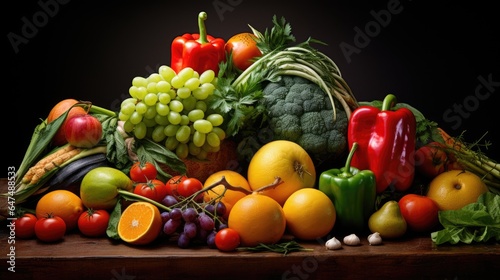 Studio shot of various fruits and vegetables isolated on black background. Top view. High resolution products