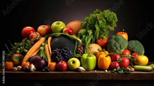 Studio shot of various fruits and vegetables isolated on black background. Top view. High resolution products © somchai20162516