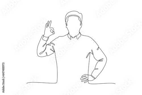 One continuous line drawing of Happy positive people with hands, fingers. Love, support, solidarity, ok expressions concept. Doodle vector illustration in simple linear style. 