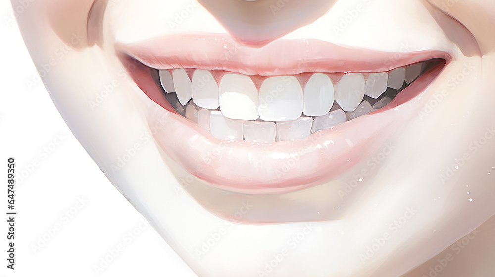 Naklejka premium 白い歯の女性の口元アップの水彩イラスト