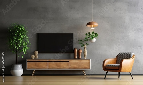 TV on Cabinet in modern living room with leather armchair and decoration have concrete wall background, Generative AI 