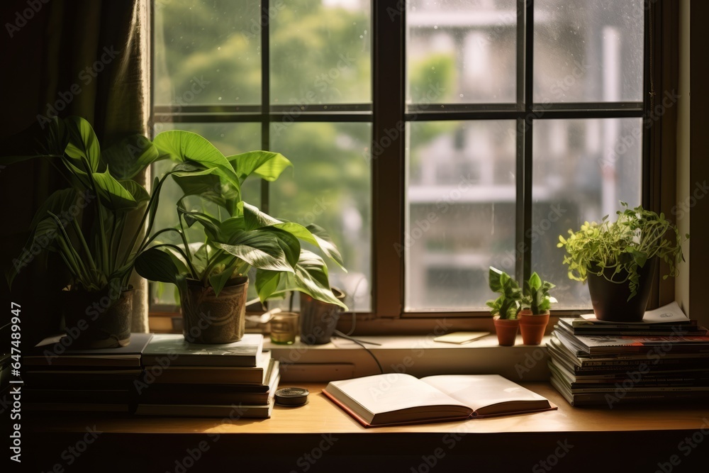 Cozy Window Sill with Books, Plants, and Clock - A Timeless Retreat