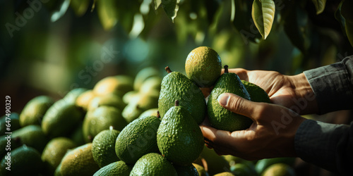 close up cropped hand picking avocado fruit photo