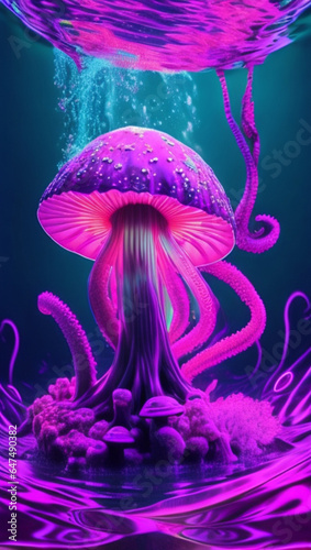 Vivid neon light illustration of jellyfish created using AI Technology