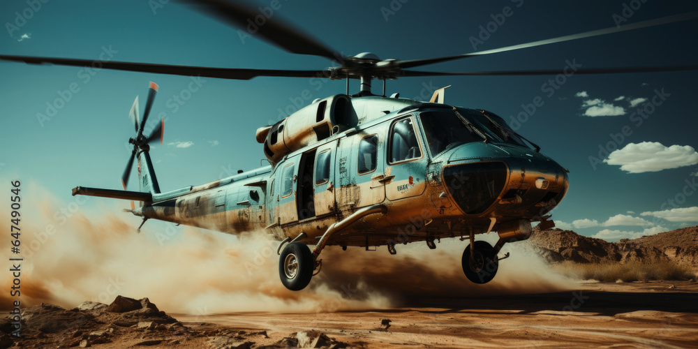a helicopter lands in the desert - obrazy, fototapety, plakaty 