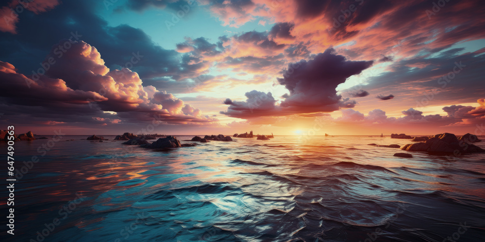 Beautiful seascape. Dramatic sunset over the sea.