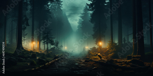 Mysterious dark forest with fog and sunbeams