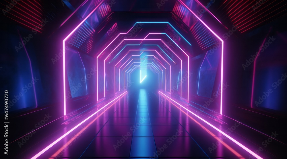 Neon Tunnel with Vibrant Pink and Blue Lights, Futuristic Design, Copy Space Neon Tunnel with Vibrant Pink and Blue Lights, Futuristic Design, Copy Space