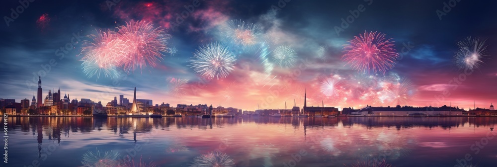 Spectacular Fireworks Display Lighting up the Night Sky over Water and City Skyline